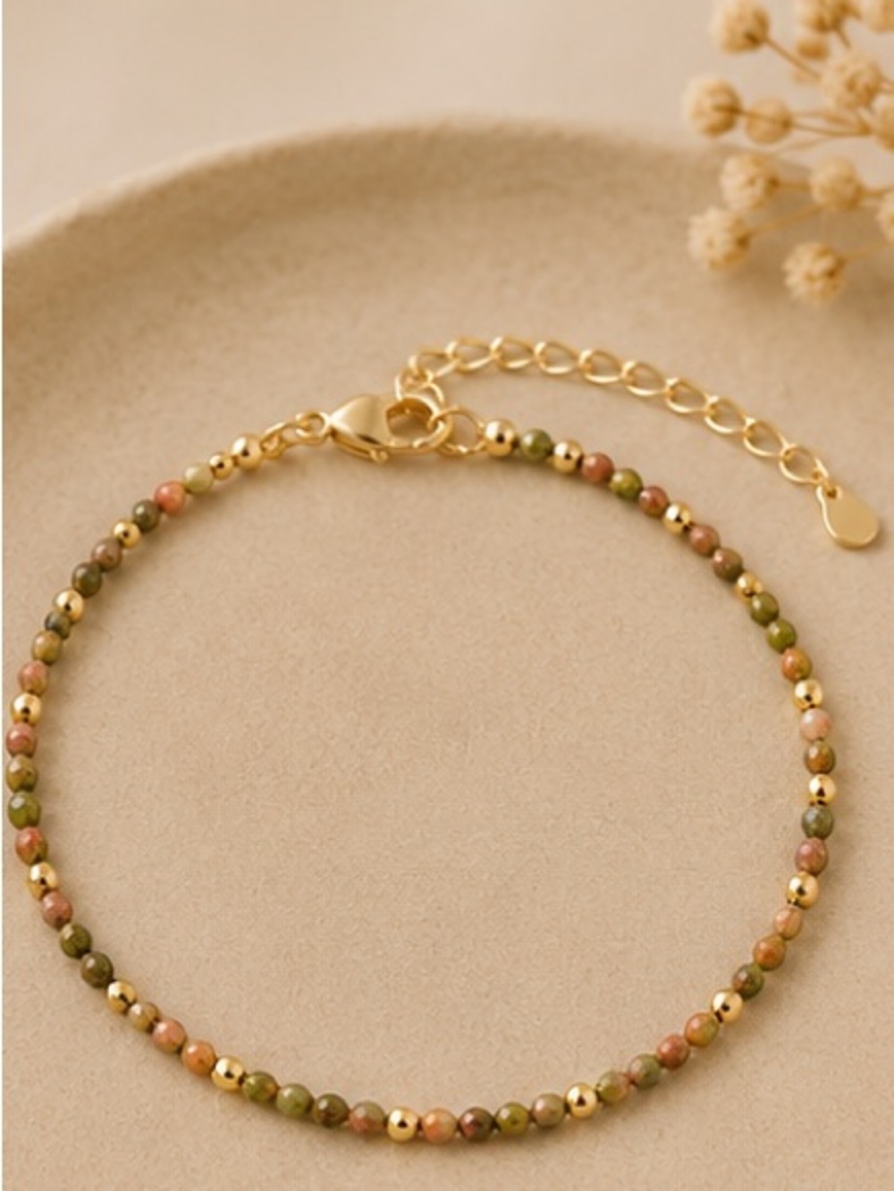 $15 Each or 3 for 30 Unakite Chakra Beaded Bracelet Gold Accent Boho Minimalist